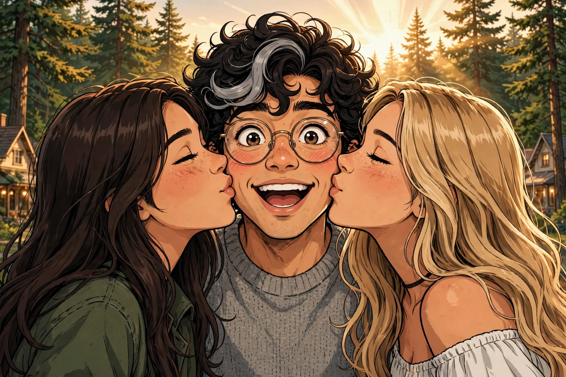 Dakota and Zoe kissing Darwin on the cheeks in the pines